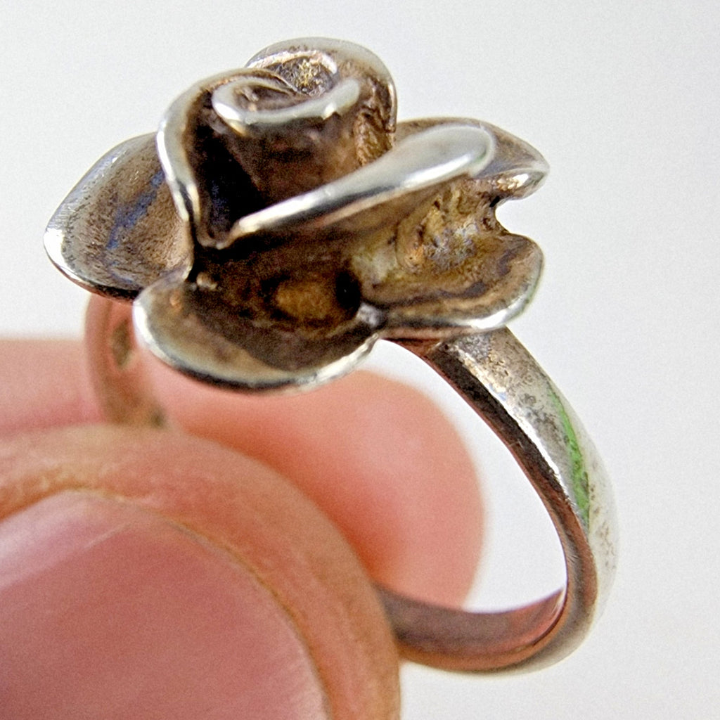 3D Rose Flower Ring Size 7 1/4 Sterling Silver 925 Vintage Band