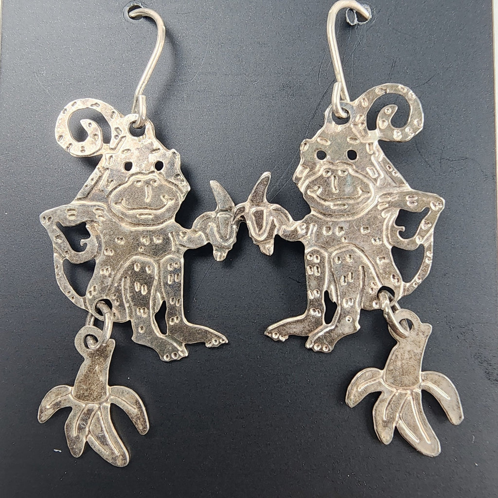Designer Monkey with Banana Sterling Silver 925 Dangle Earrings