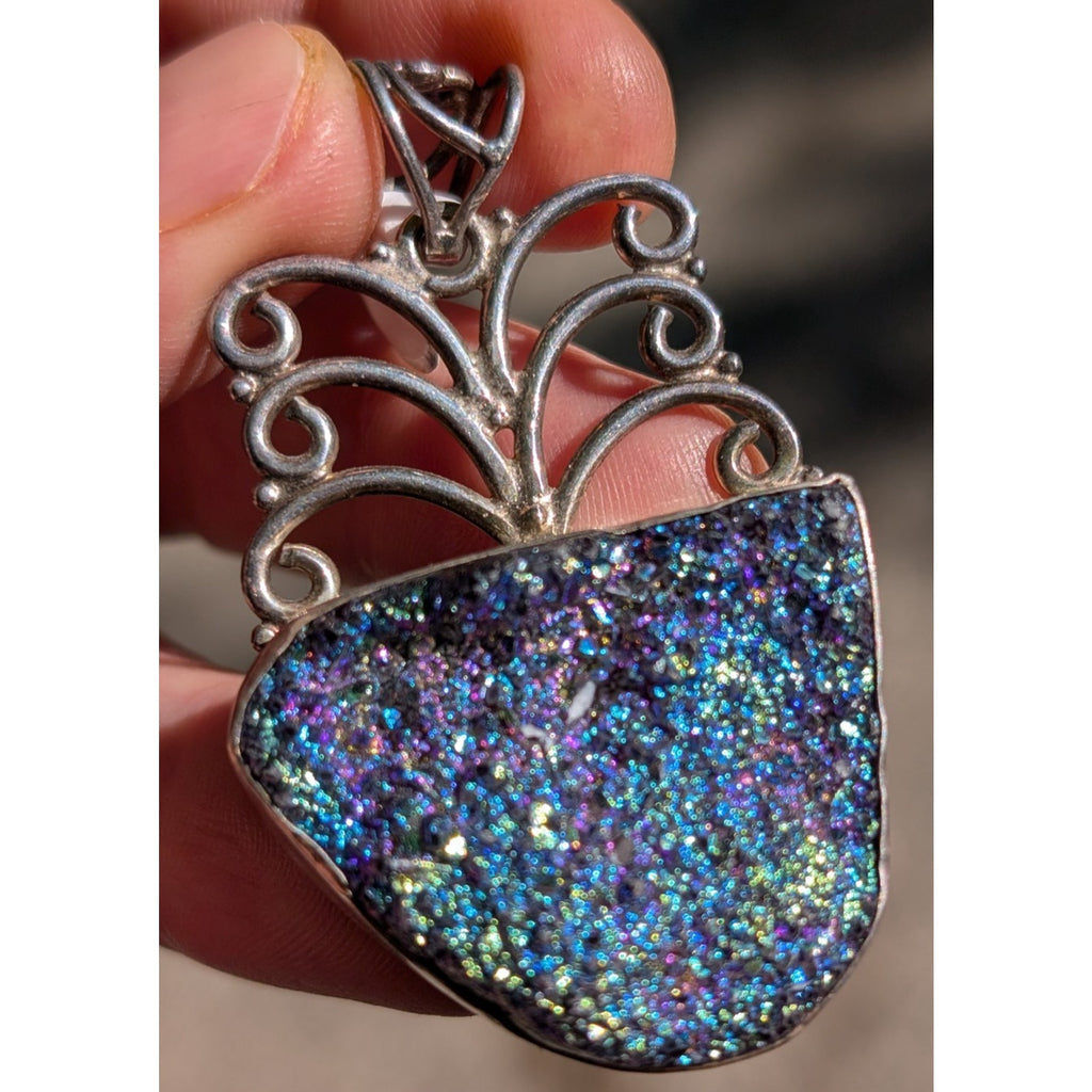 Peacock Druzy Pendant Sterling Silver 925 Rainbow Oil Slick Color