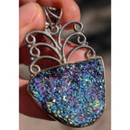 Peacock Druzy Pendant Sterling Silver 925 Rainbow Oil Slick Color