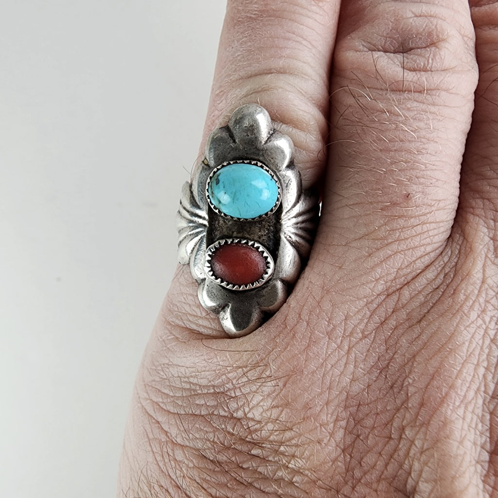 Native Turquoise & Coral Sandcast Ring Size 8 1/2 in Sterling Silver 925
