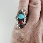 Native Turquoise & Coral Sandcast Ring Size 8 1/2 in Sterling Silver 925