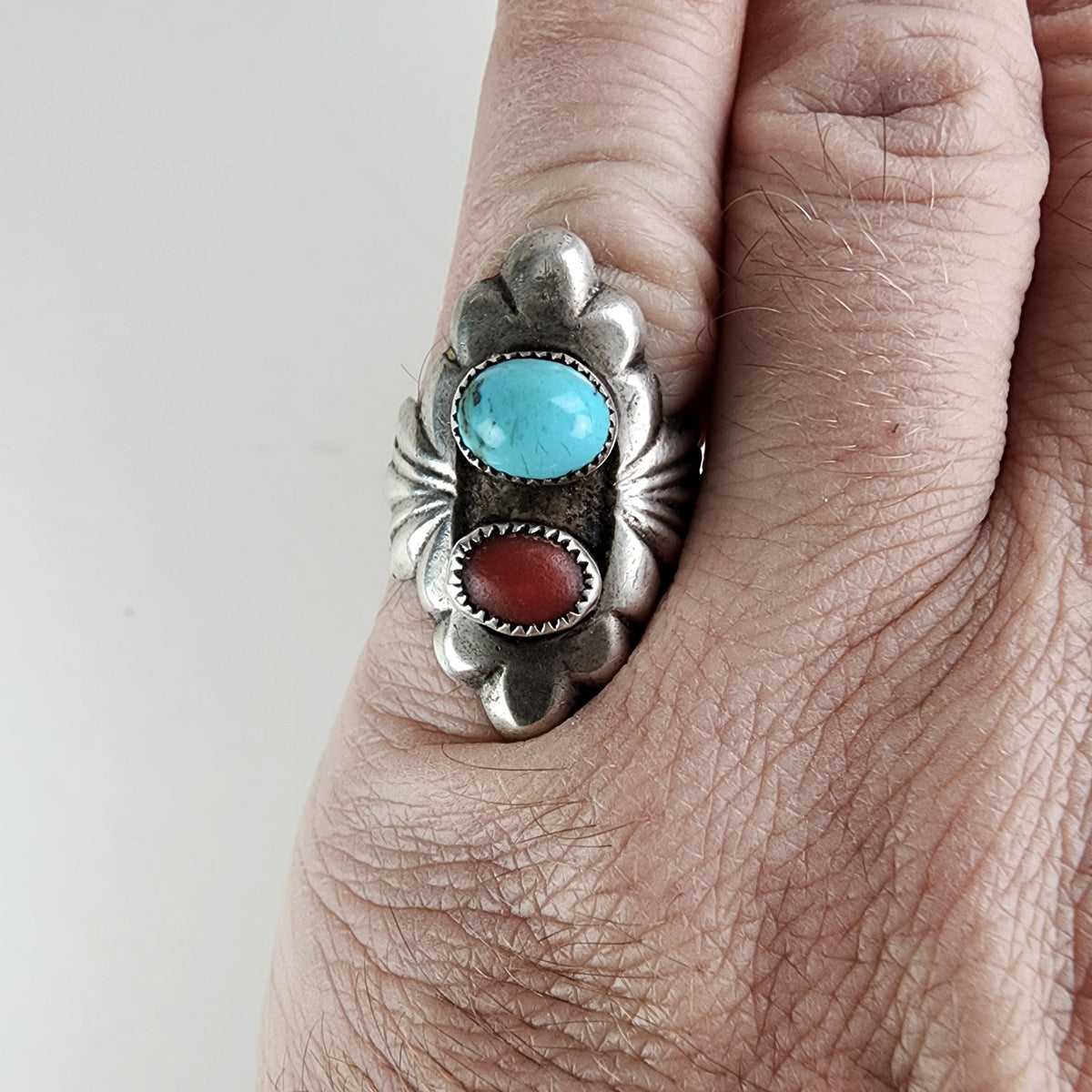 Native Turquoise & Coral Sandcast Ring Size 8 1/2 in Sterling Silver 925