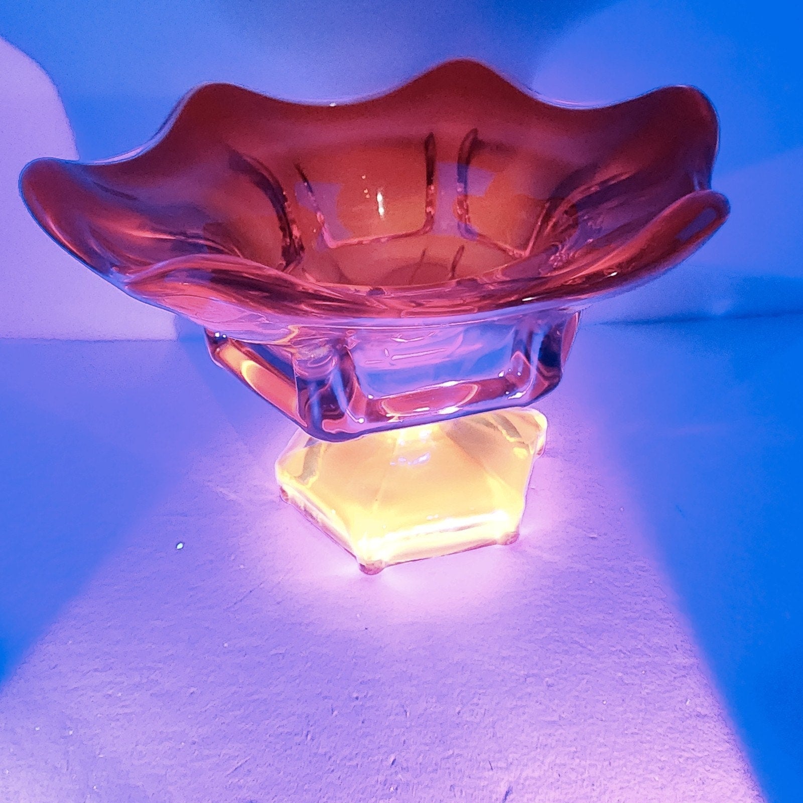 Viking Glass Epic Six Petal Amberina Flame Pedestal Bowl UV Vaseline Glass
