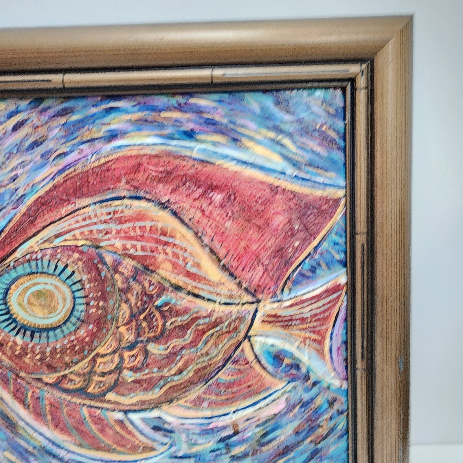 Abstract Fish Acrylic Painting on Panel Signed Cori & Framed