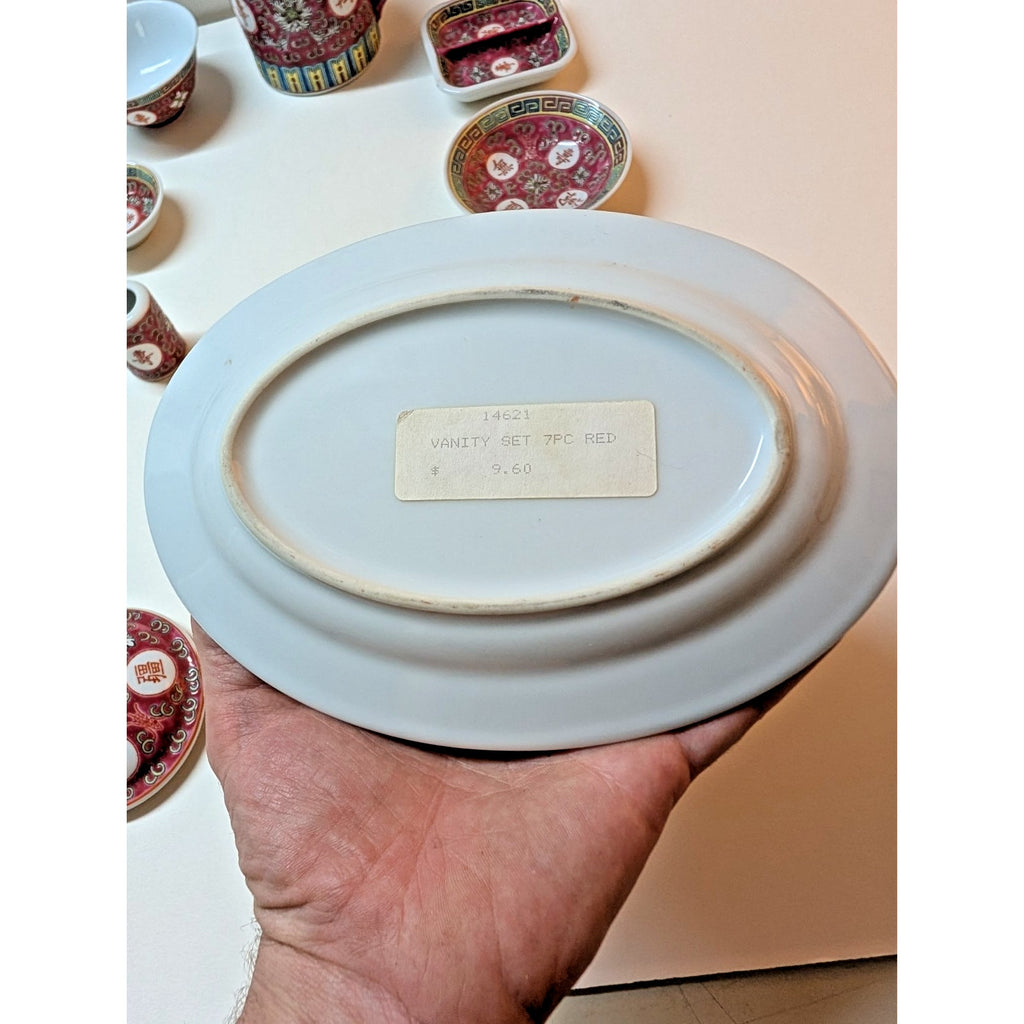 Chinese Famille Rose Mun Shou Porcelain Longevity 7 Piece Vanity Set MCM