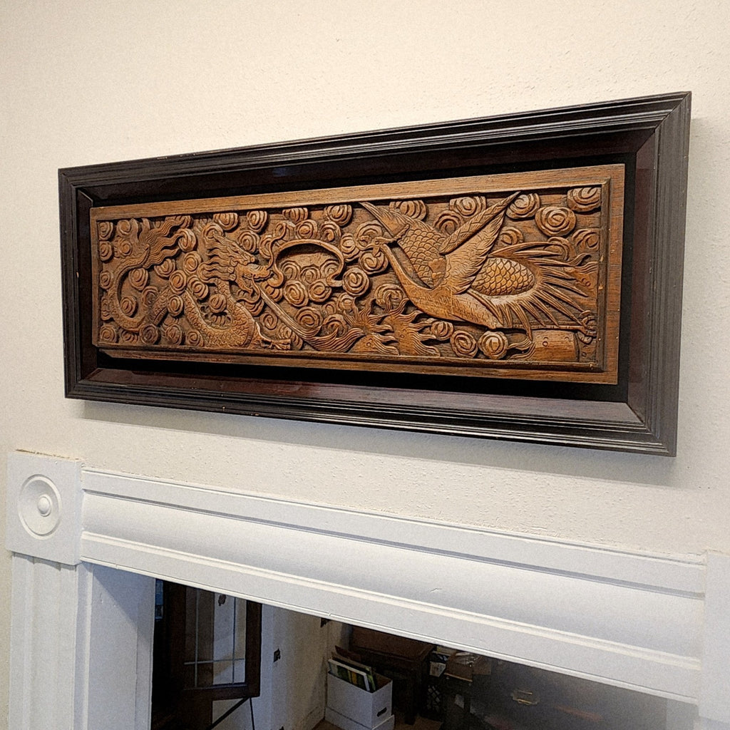 Qing Chinese Ruyi Dragon and Phoenix Prosperity Wood Carved Panel Framed Antique