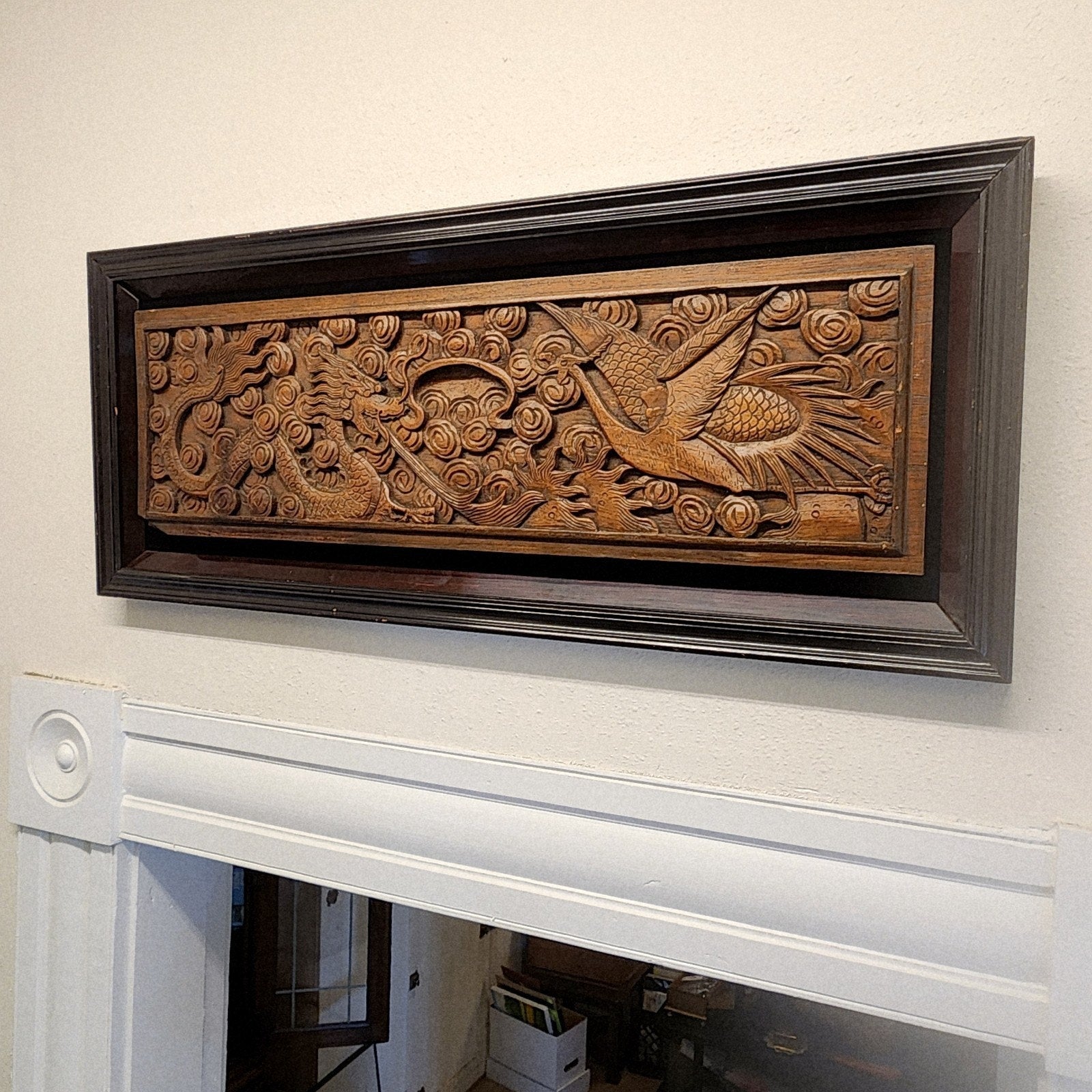 Qing Chinese Ruyi Dragon and Phoenix Prosperity Wood Carved Panel Framed Antique