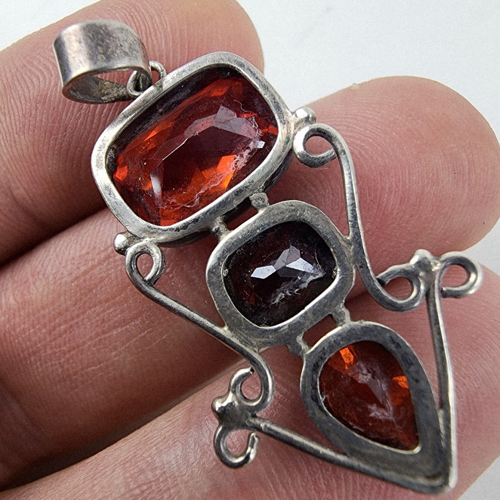 Red 3 Stone Sterling Silver 925 Cocktail Pendant Vintage