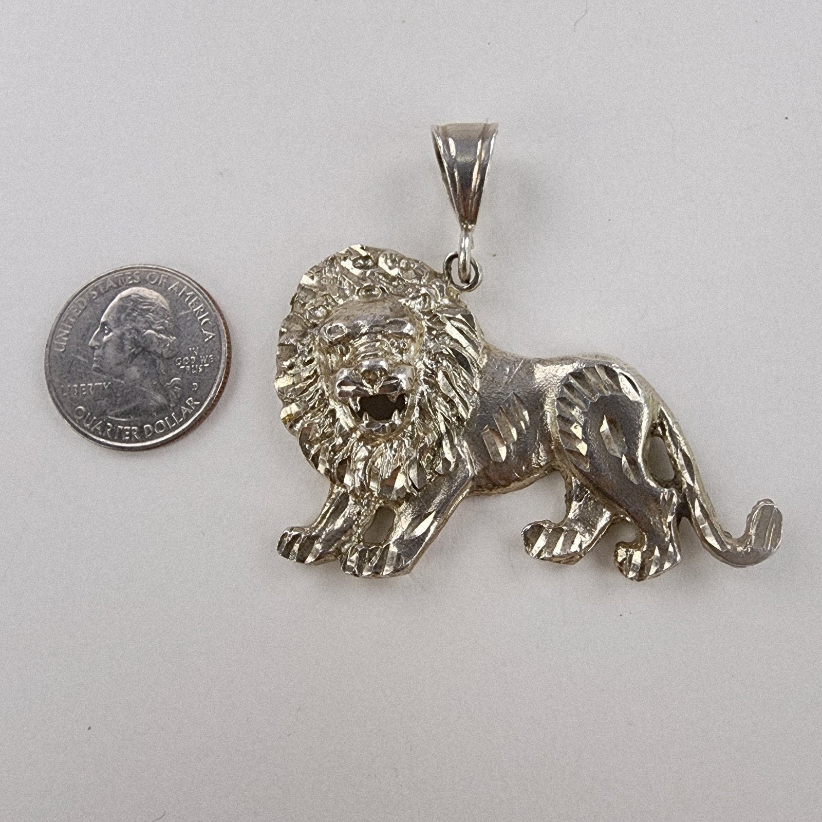 Diamond Cut Lion Sterling Silver 925 Pendant Large Bail