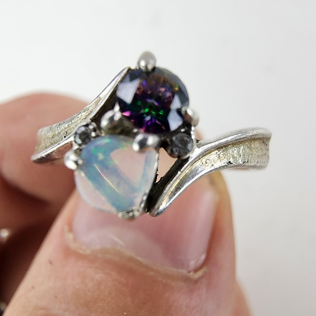 Opal & Mystic Quartz Ring Size 8 1/2 Sterling Silver 925 Vintage