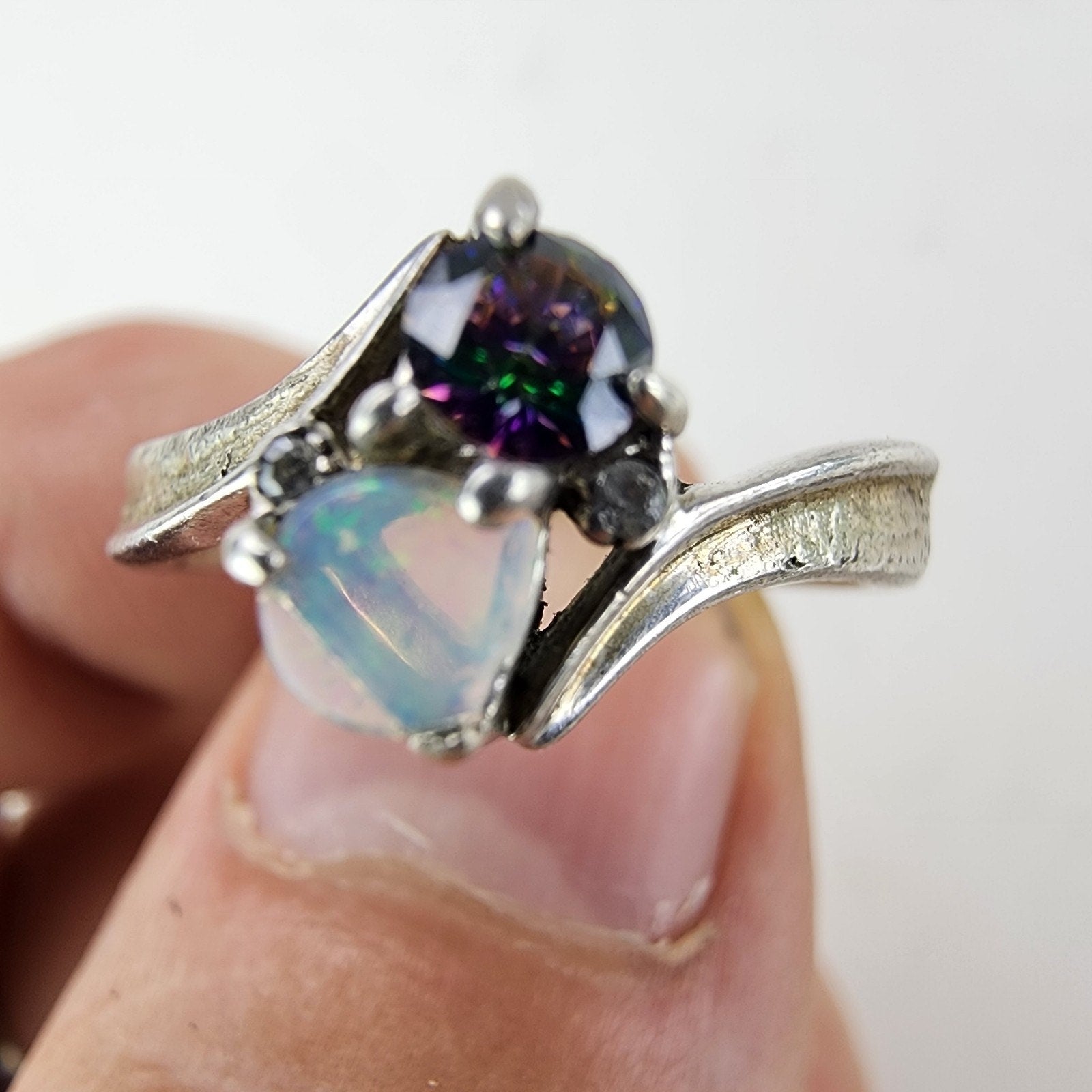 Opal & Mystic Quartz Ring Size 8 1/2 Sterling Silver 925 Vintage