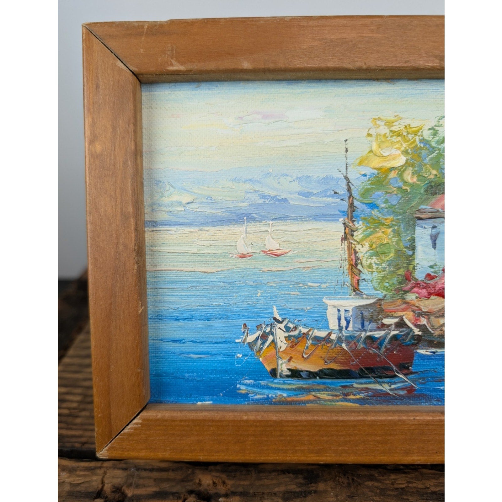 Impressionist Acrylic on Canvas Mediteranean Scene Boat in Harbor Painting