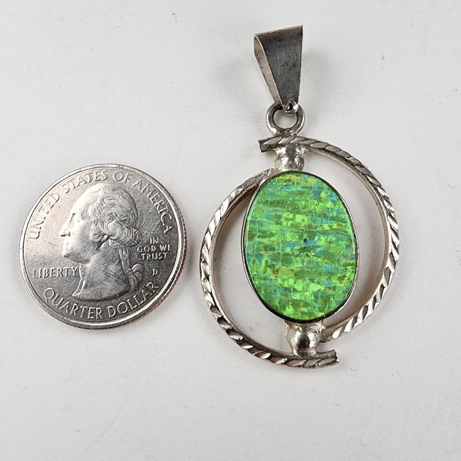 Vintage Green Fire Opal Oval Pendant Sterling Silver 925 Estate