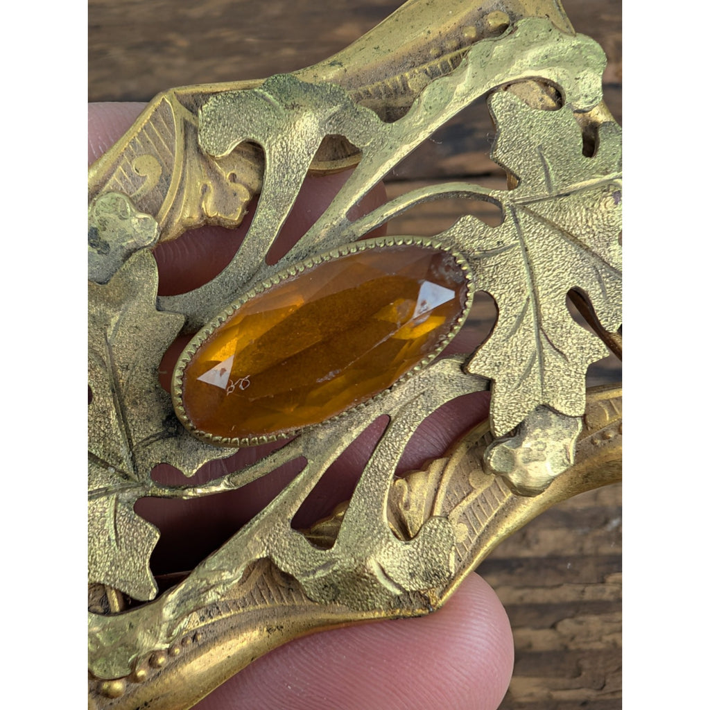 Art Nouveau Orange Rhinestone Rectangular Floral Brooch