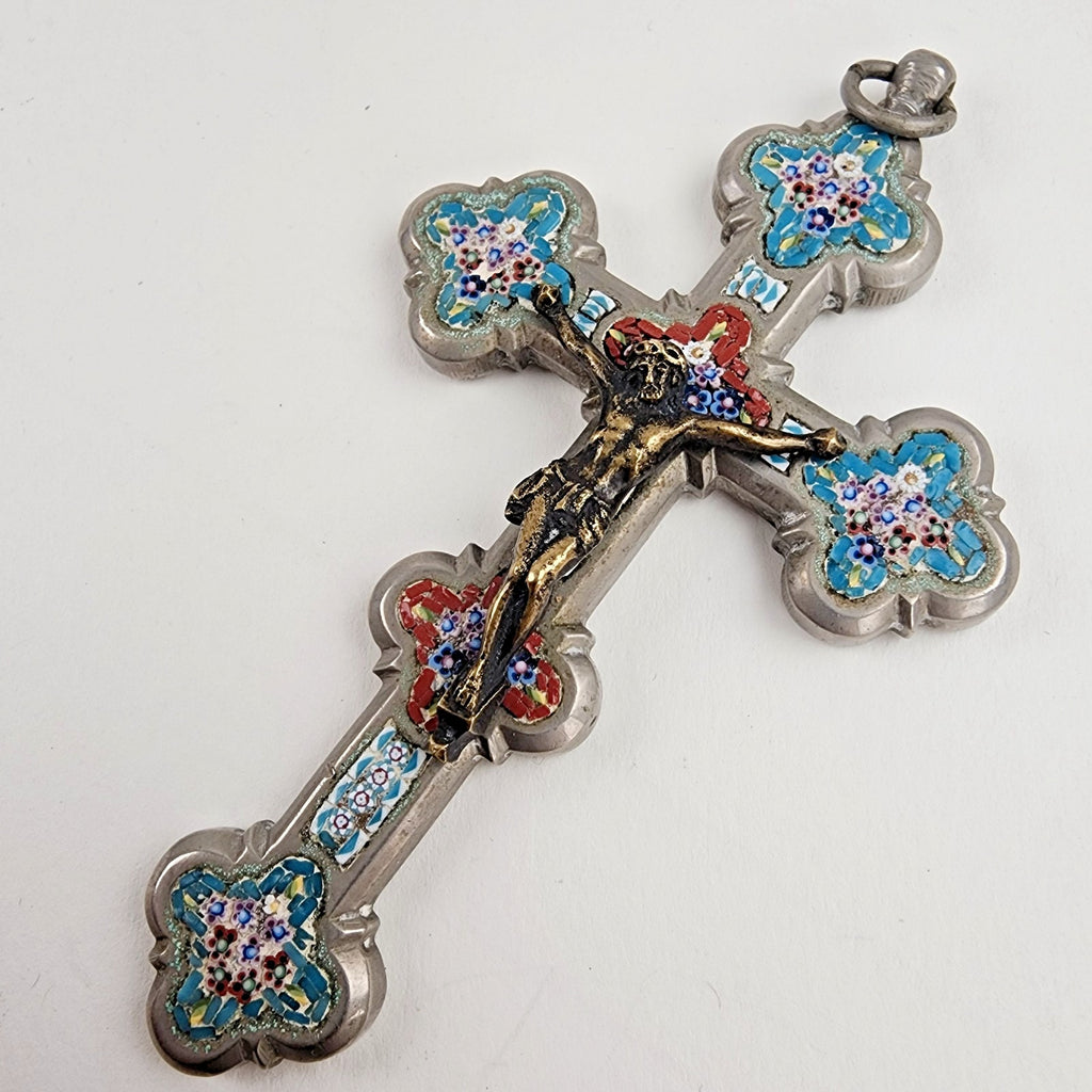 3 1/2" Antique Glass Micro Mosaic Inlay Cross Italy 19 Century
