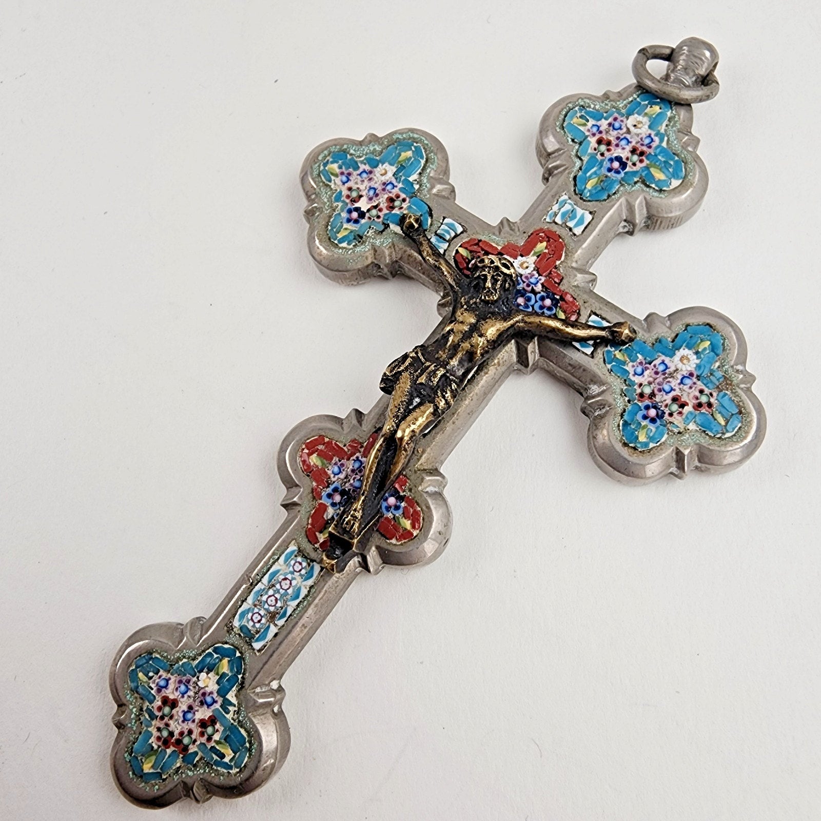 3 1/2" Antique Glass Micro Mosaic Inlay Cross Italy 19 Century