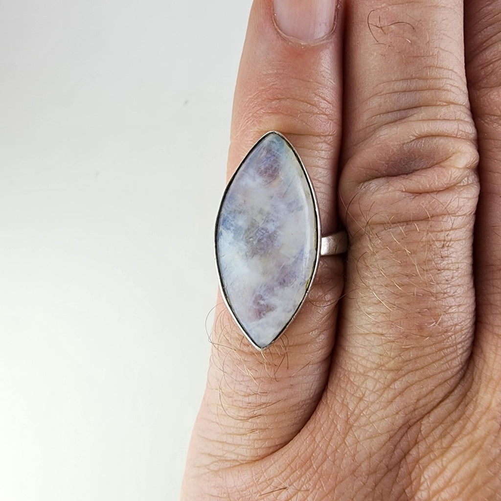 Rainbow Moonstone Marquise Cabochon Ring Size 8 Adjustable Sterling Silver 925