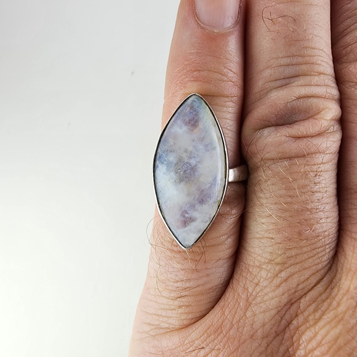 Rainbow Moonstone Marquise Cabochon Ring Size 8 Adjustable Sterling Silver 925