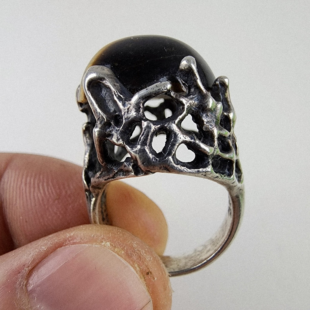 Brutalist Tigers Eye Cabochon Taxco Ring Size 8 by Mateo Sterling Silver 950 925