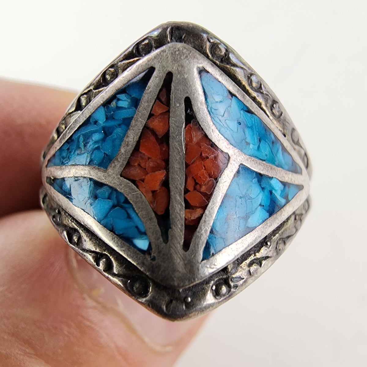 Coral & Turquoise Stamped Native Ring Size 11 1/4 Sterling Silver 925 Vintage