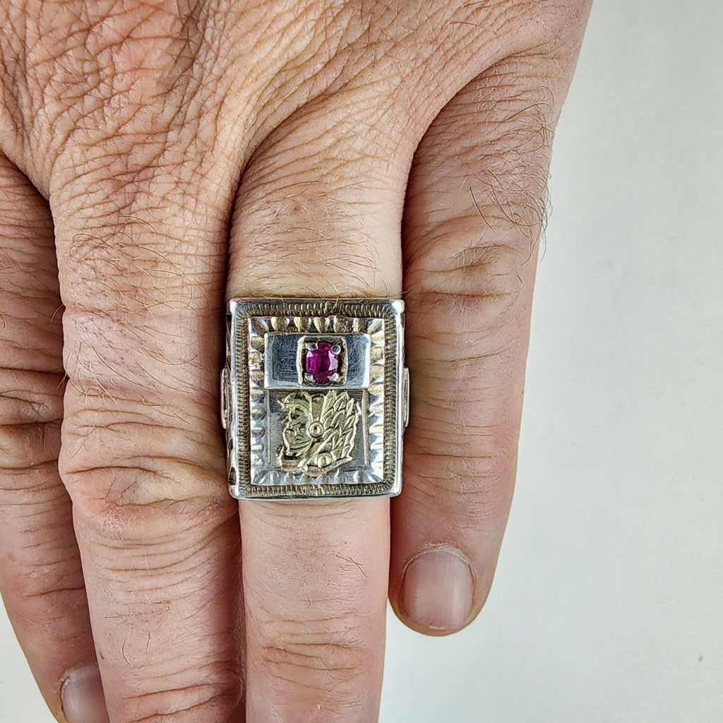 10K Gold Ruby Mayan Warrior Mexican Biker Ring Size 11 Sterling Silver 925