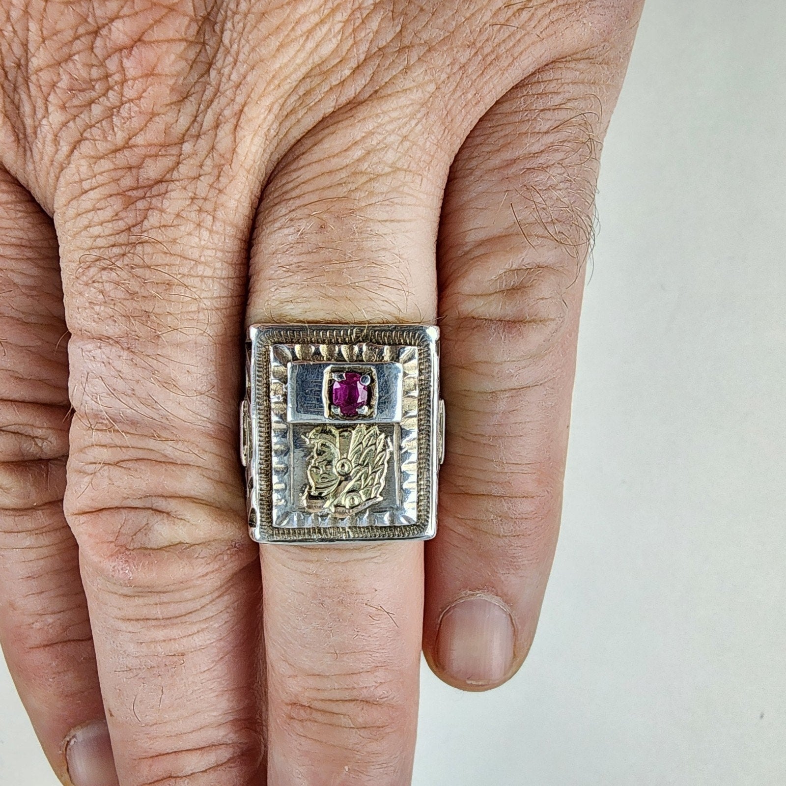 10K Gold Ruby Mayan Warrior Mexican Biker Ring Size 11 Sterling Silver 925