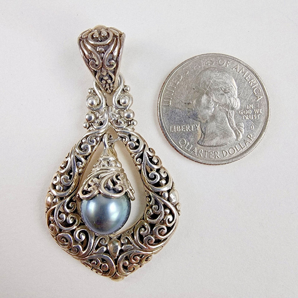 Sarda Black Pearl Dangle Designer Pendant Sterling Silver 925 Vintage Bali