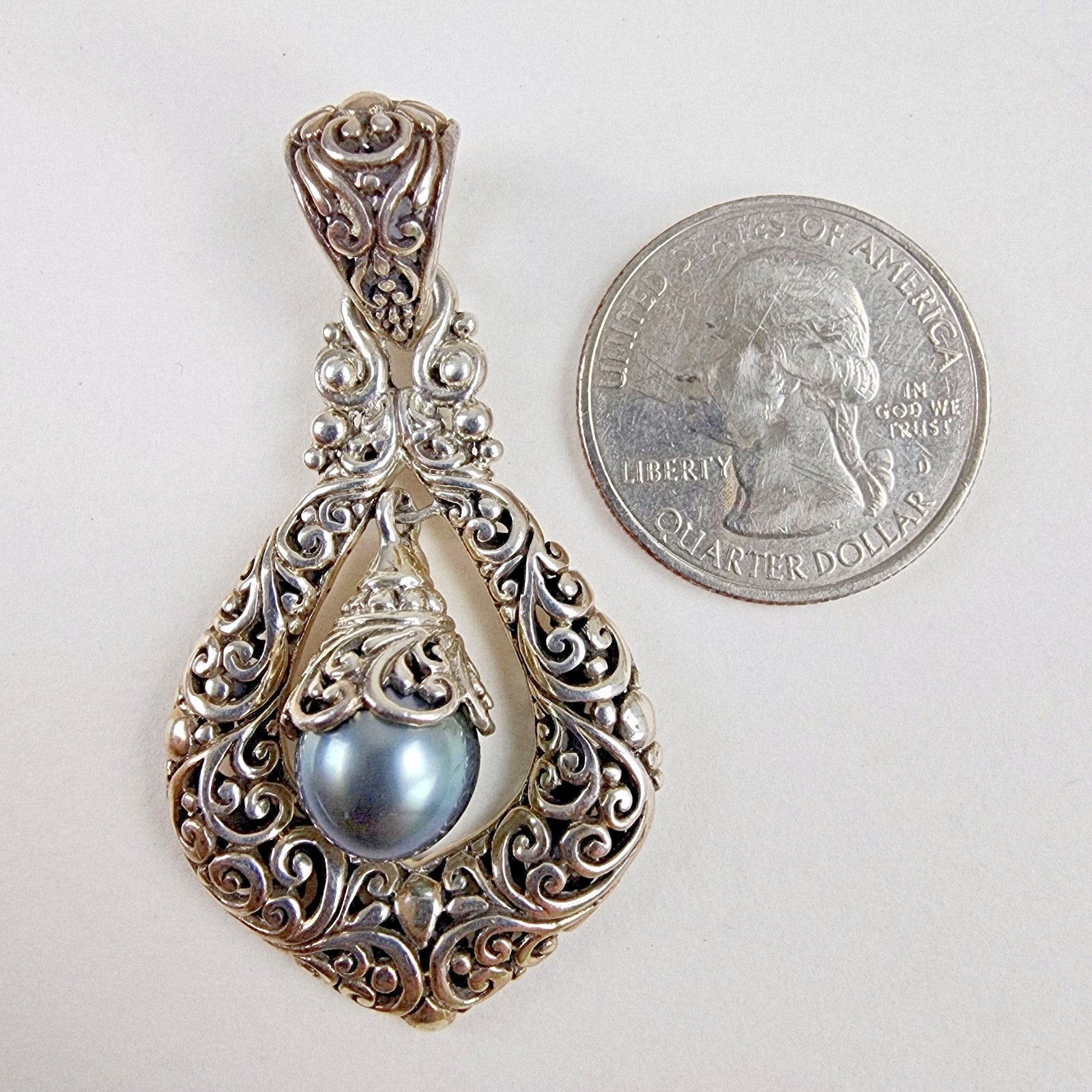 Sarda Black Pearl Dangle Designer Pendant Sterling Silver 925 Vintage Bali