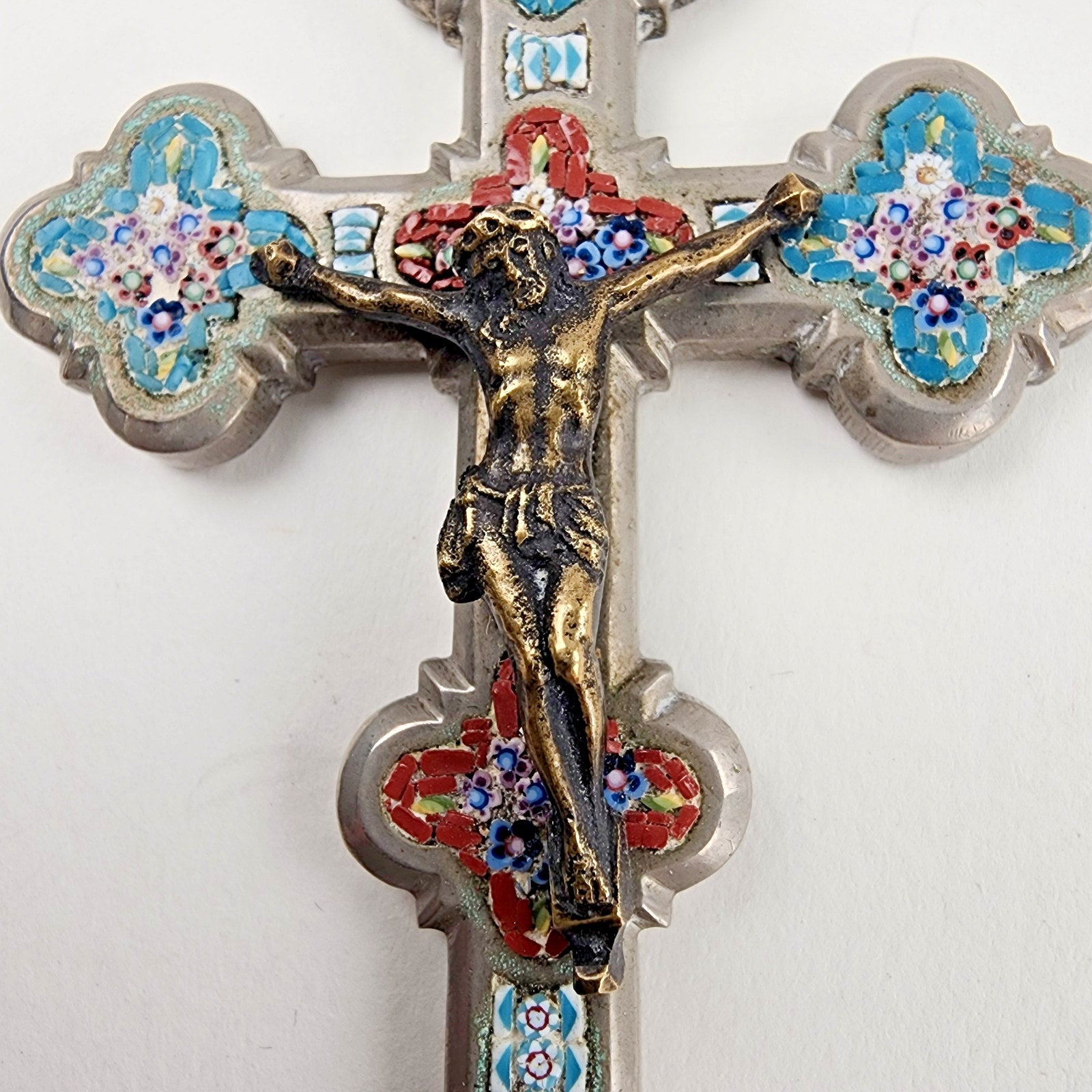 3 1/2" Antique Glass Micro Mosaic Inlay Cross Italy 19 Century