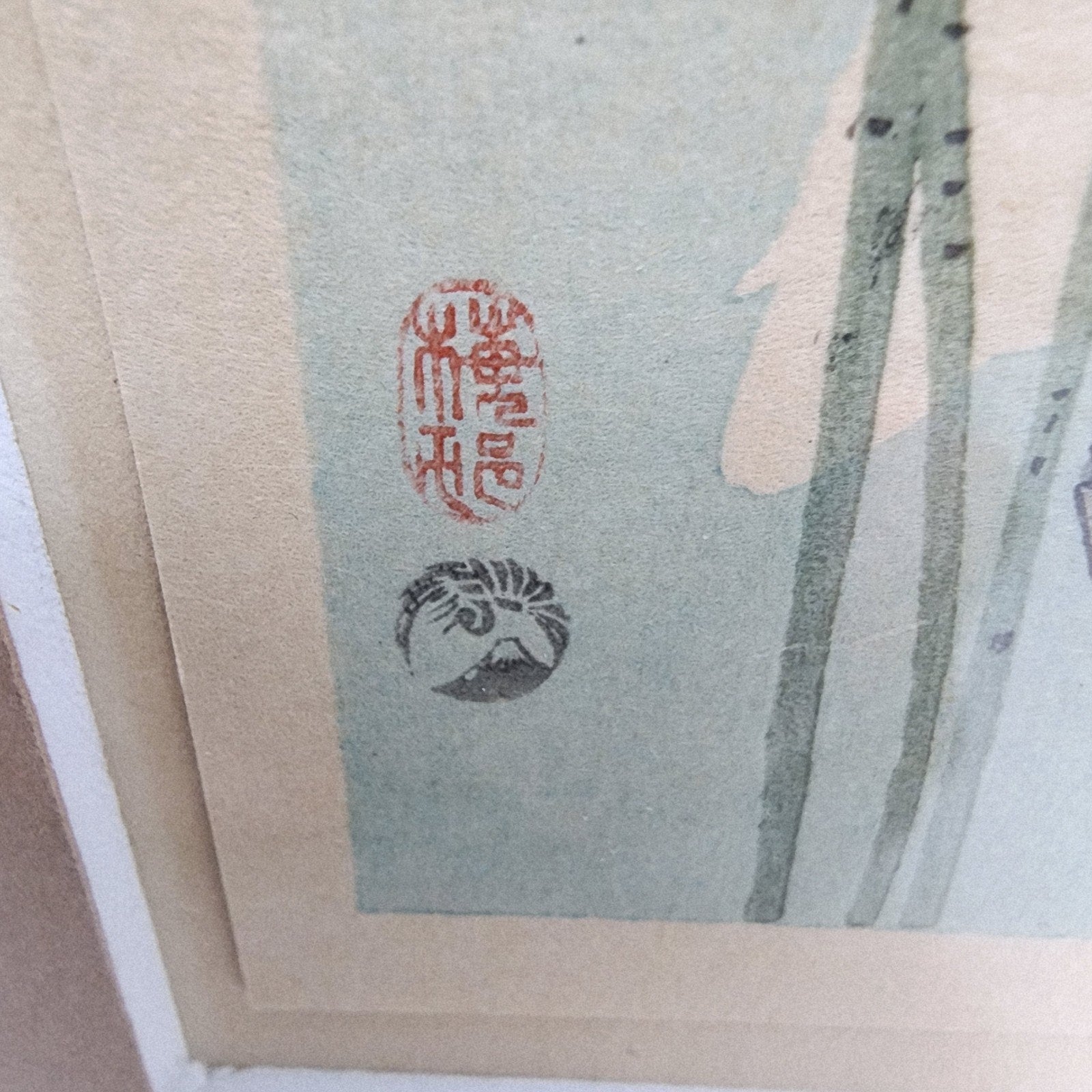 White Heron and Lotus by Okada Baison Signed Japanese Woodblock Print Meiji Era