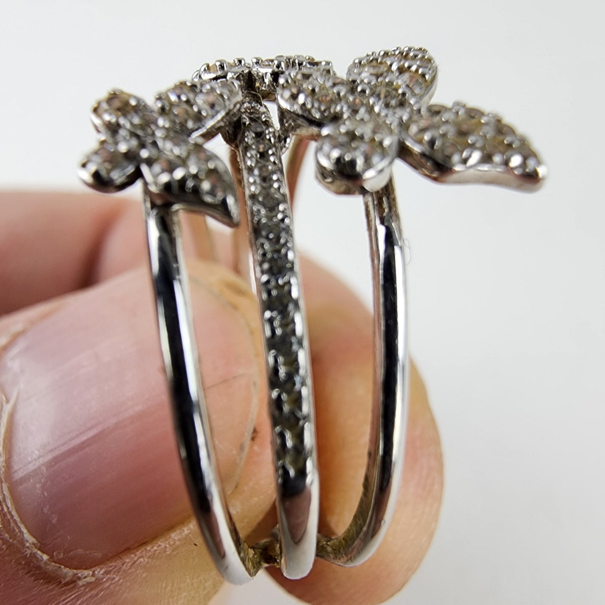 Triple Butterfly Pave Diamond Ring Size 9 Sterling Silver 925 Vintage