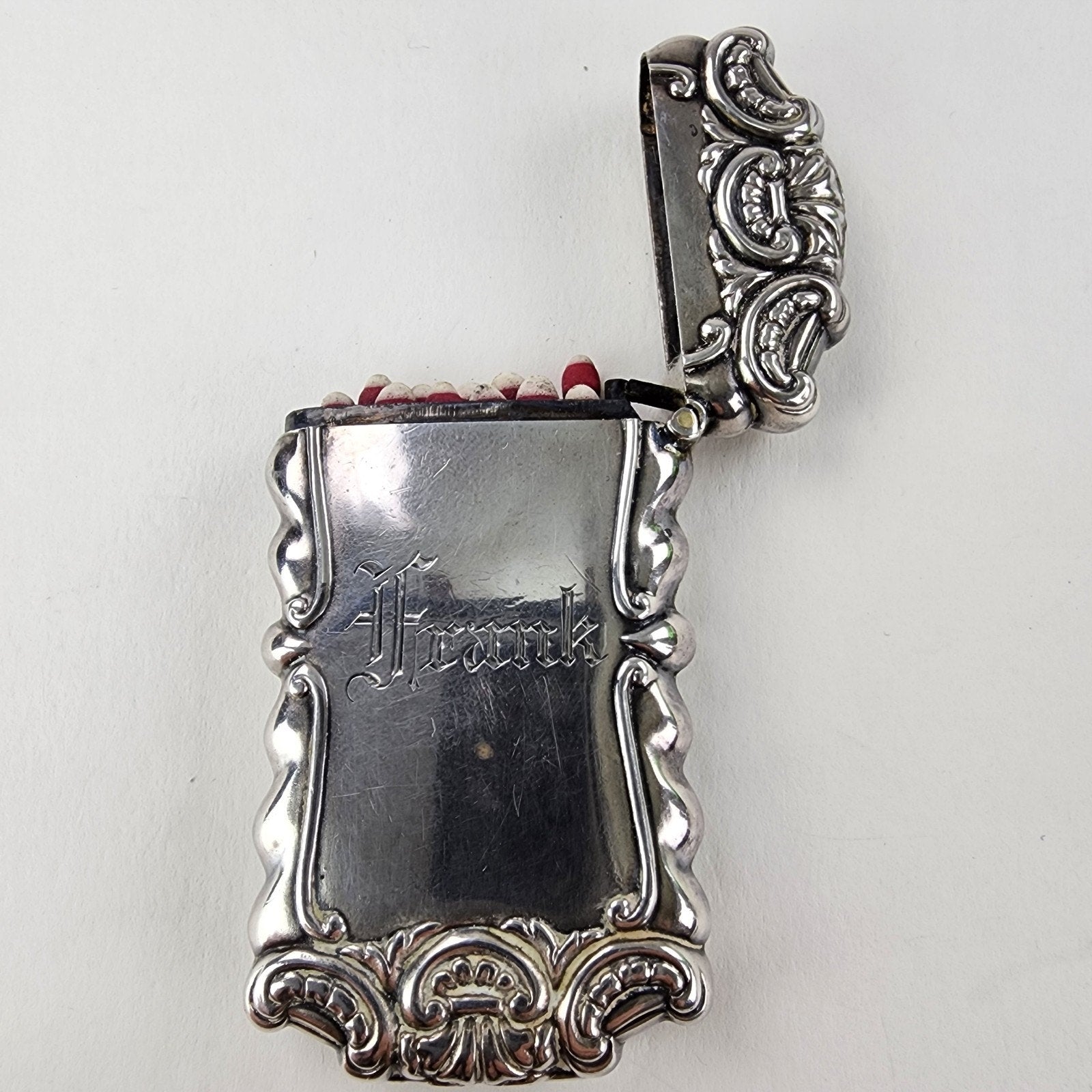 Art Nouveau Match Safe Sterling Silver 925 Engraved Frank & Insects Antique