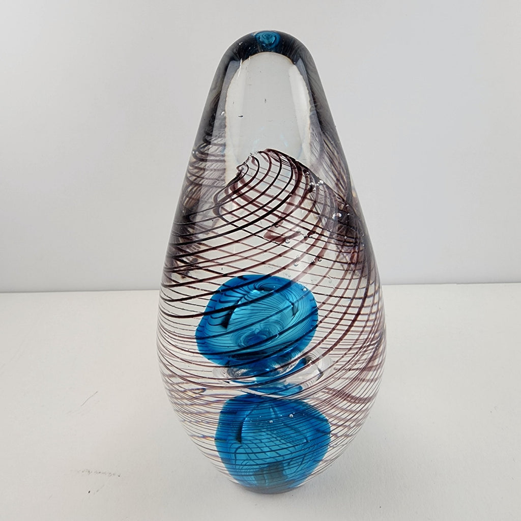 6" Hand Blown Glass Paperweight Air Trap Blue & Clear