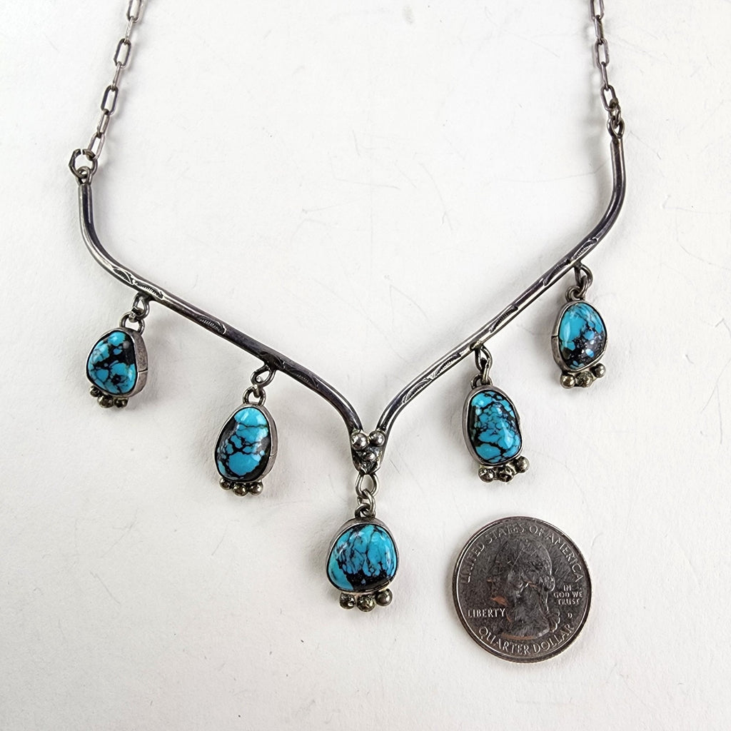 20" Turquoise Drop Native Collar Necklace Sterling Silver 925 Navajo Stamped