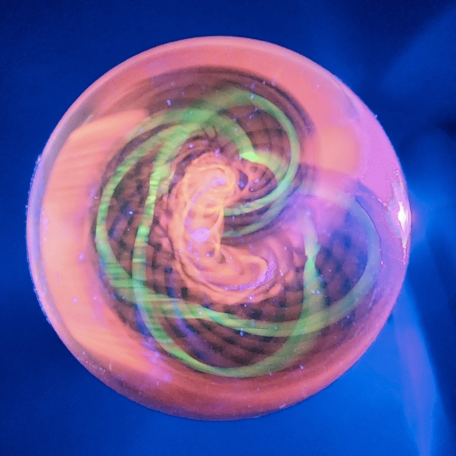 43mm UV Orange Double Twist Spiral Borosilicate Marble Signed Eddie Seese 2015