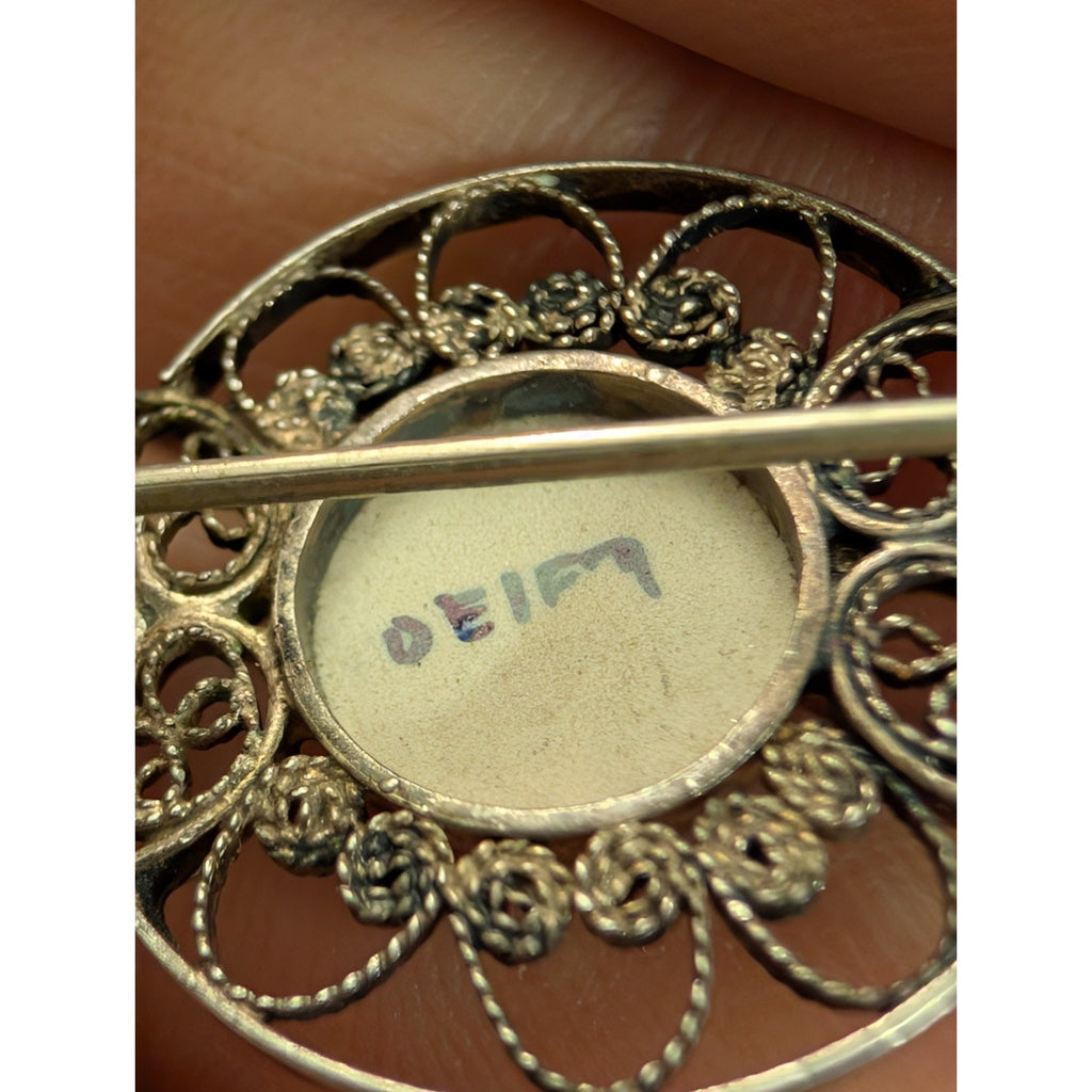 DEFLT Porcelain Filigree Brooch Sterling Silver 925 Antique Pin