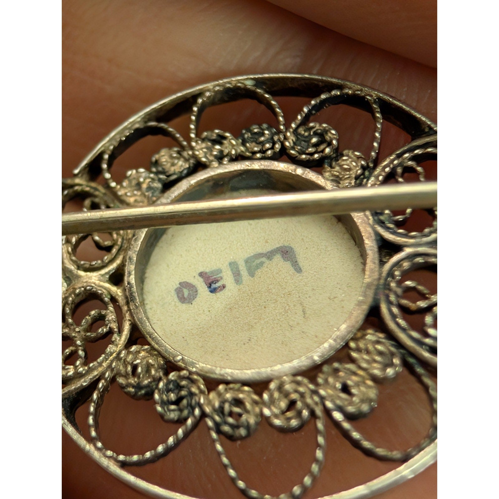 DEFLT Porcelain Filigree Brooch Sterling Silver 925 Antique Pin