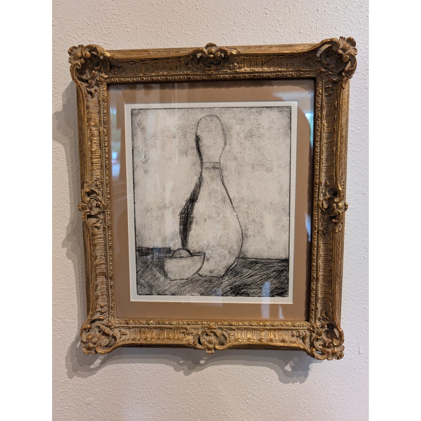 Linocut Still Life Print Gilt Frame MCM Black and White Engraving 14" x 16"