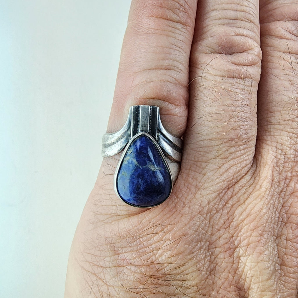 Denim Lapis Modernist Drop Ring Size 9 1/2 Sterling Silver 925 Vintage