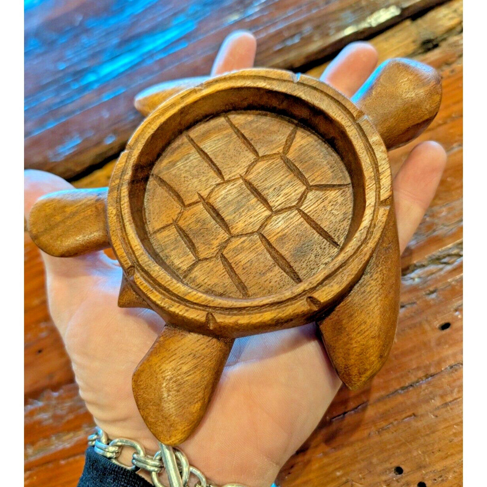 Hand Carved Turtle Wood Trinket Dish Tray Vintage Candy Dish