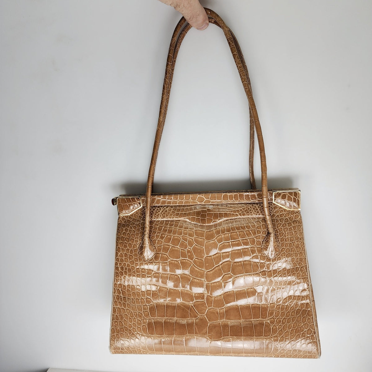 Vintage Judith Leiber Alligator Crocodile Purse Handbag Handled Day Bag Tan