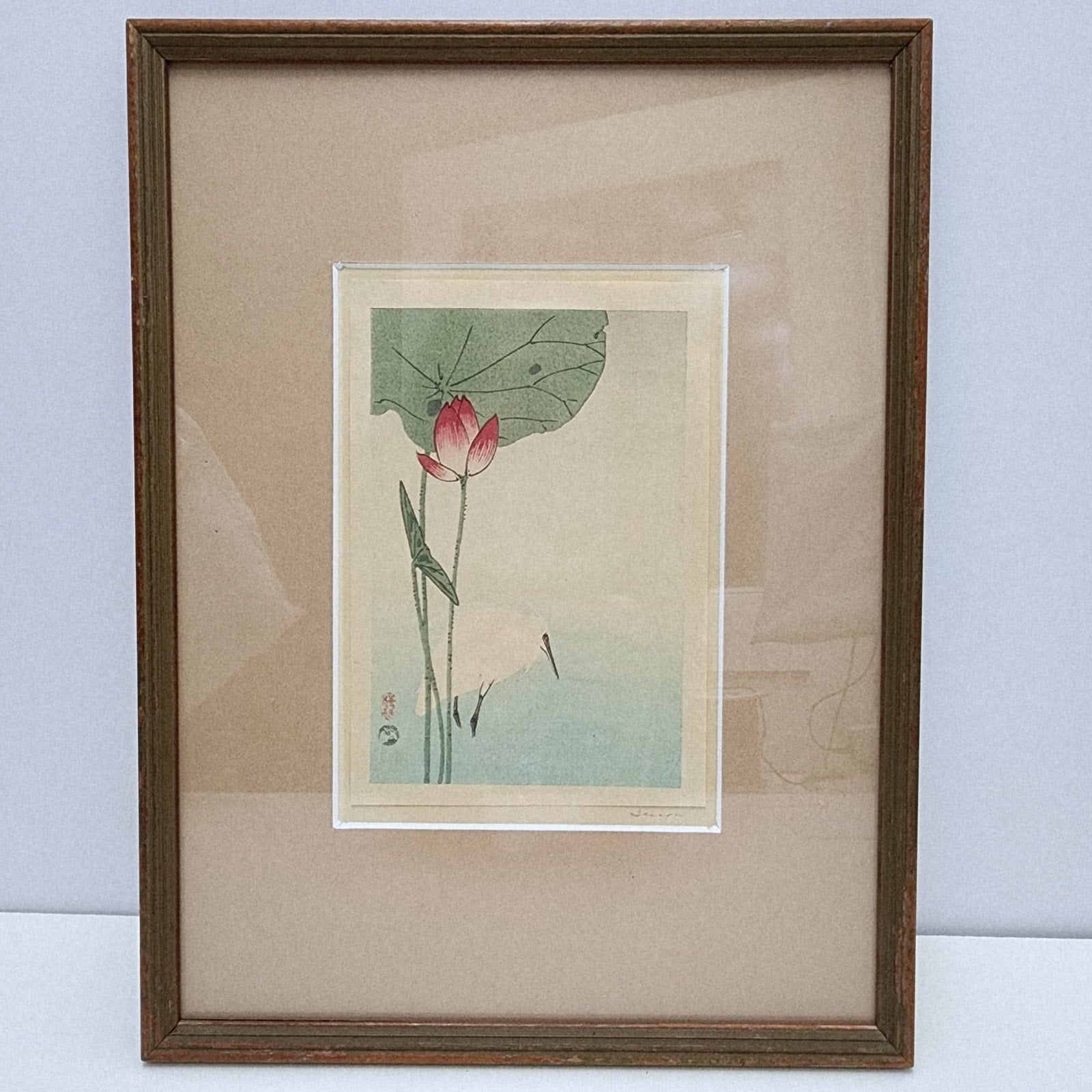 White Heron and Lotus by Okada Baison Signed Japanese Woodblock Print Meiji Era