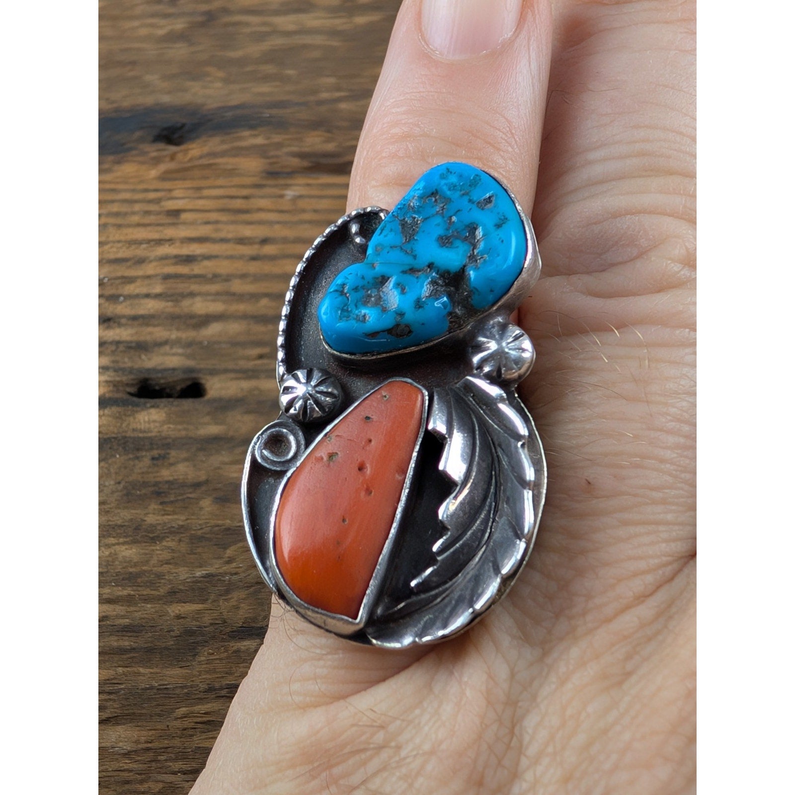 Old Pawn CORAL and TURQUOISE Sterling Silver 925 Ring Size 7