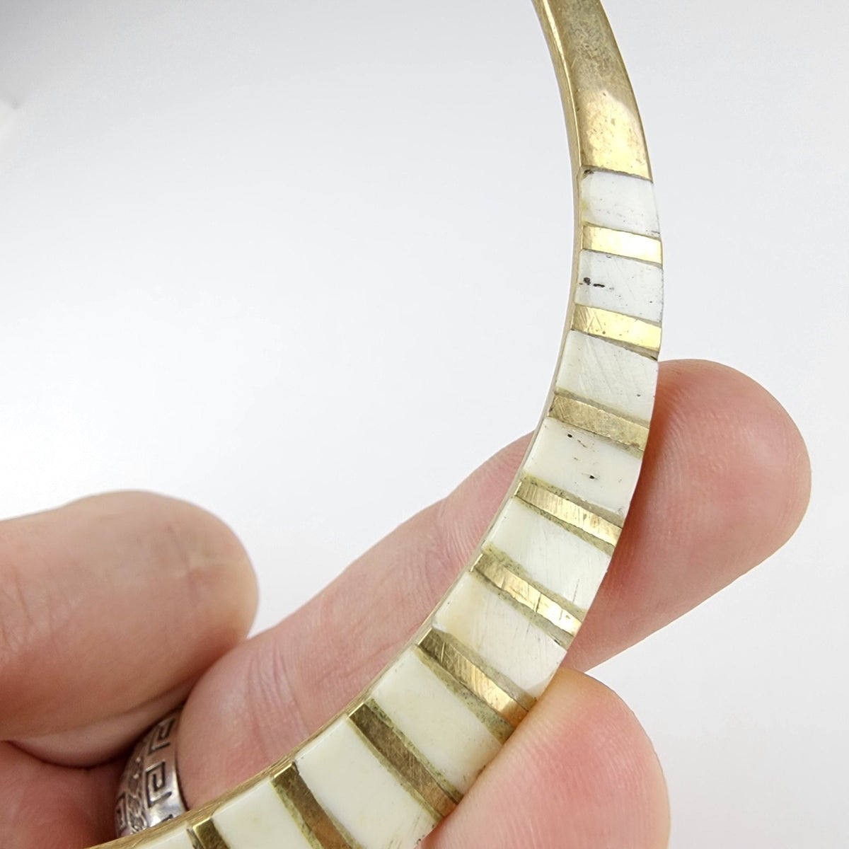 Vintage Mother of Pearl Inlay Brass Choker Collar Necklace Vintage