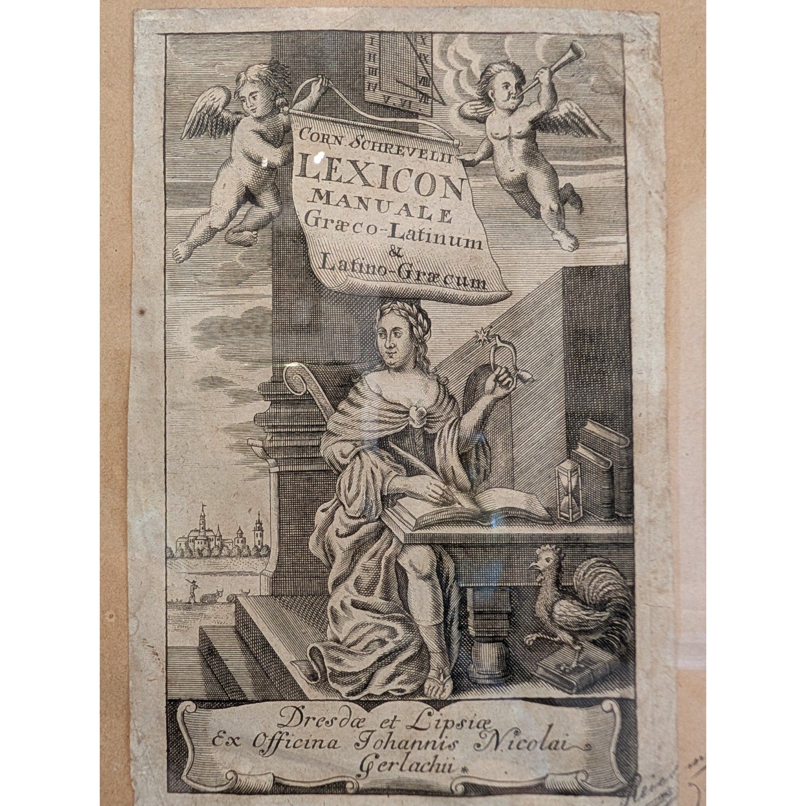 1670 Cornelius Schrevelius Lexicon Manuale Title Page Signed and Framed