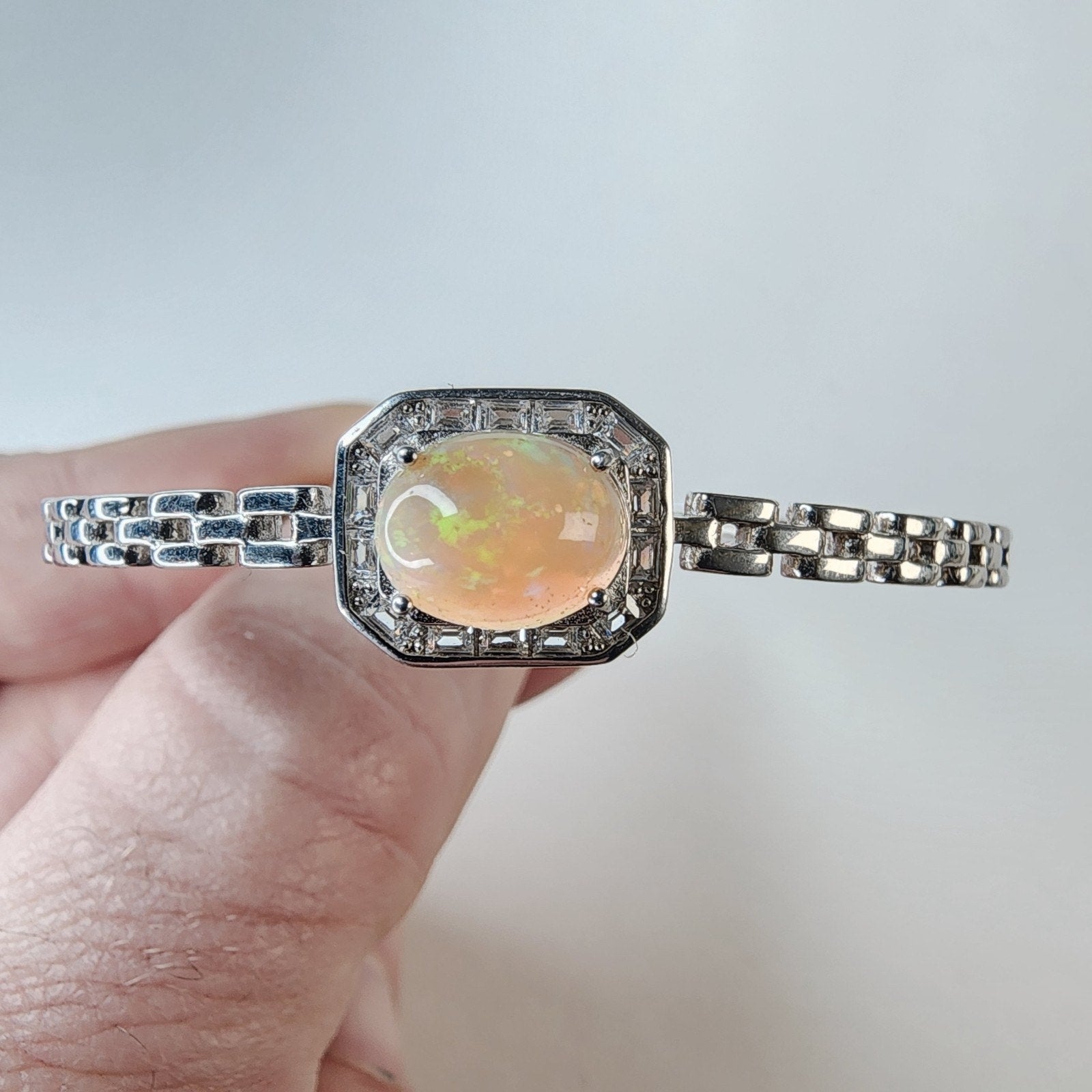 Ethopian Opal Halo Sterling Silver 925 Hinged Designer Bracelet