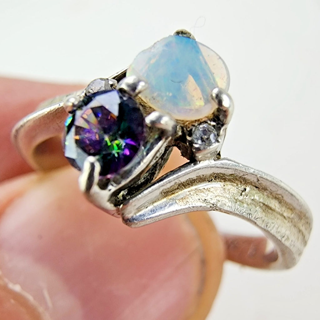 Opal & Mystic Quartz Ring Size 8 1/2 Sterling Silver 925 Vintage