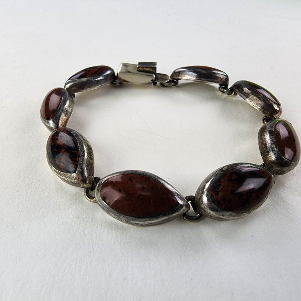 7 1/2" Mahogany Obsidian Inlay Taxco Bracelet Sterling Silver 950