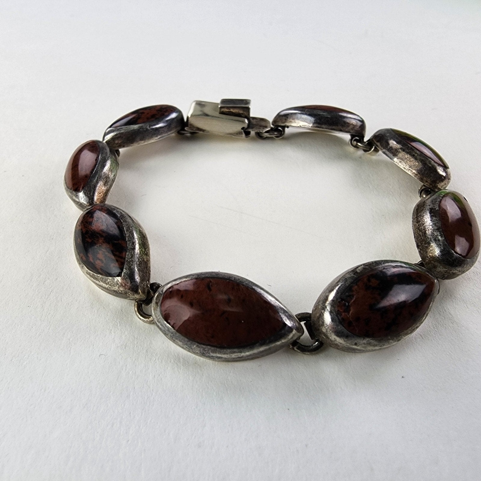 7 1/2" Mahogany Obsidian Inlay Taxco Bracelet Sterling Silver 950